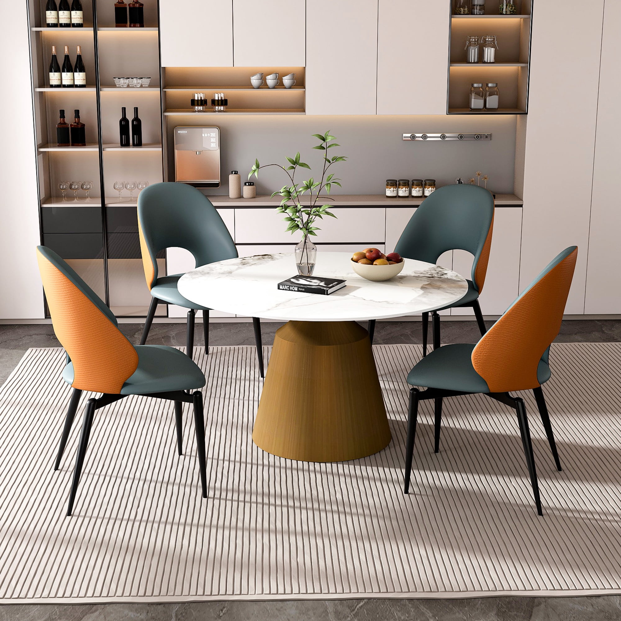 53" Round Sintered Stone Table & 4 Chairs - Wood Finish Seats 6 ...