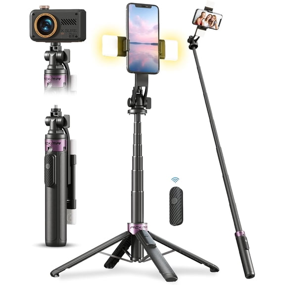 53'' Selfie Stick Tripod with Light, Enhanced 4-Leg Cell Phone Stand Camera Rechargeable Wireless Remote & 2 Fill Portable Travel Essentials for iPhone Android