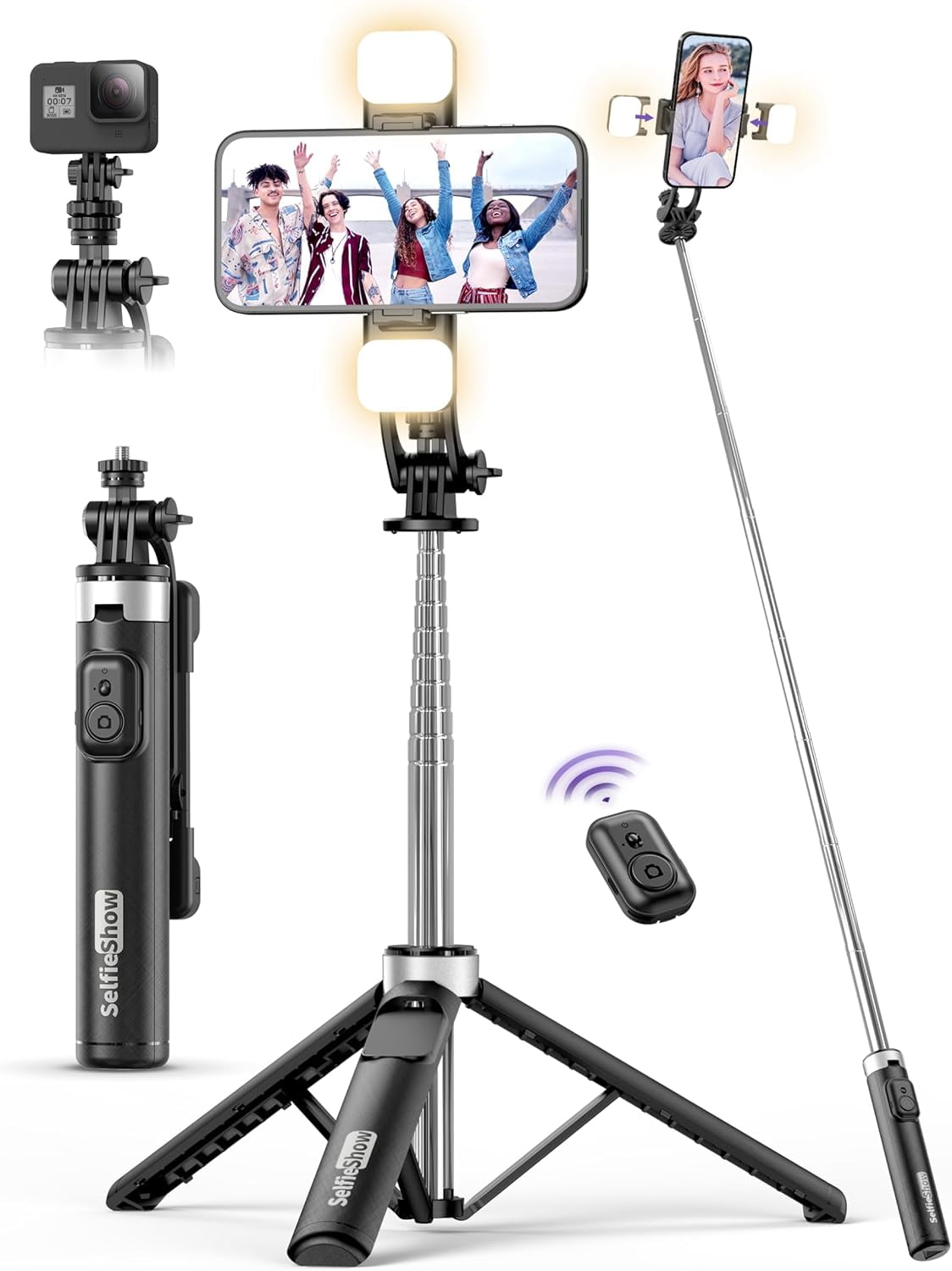 53'' Selfie Stick Tripod with Light, Extendable Remote, Portable Cell Phone Stand All in 1 Clip, Lightweight Camera Compatible iPhone 15 14 13, Android