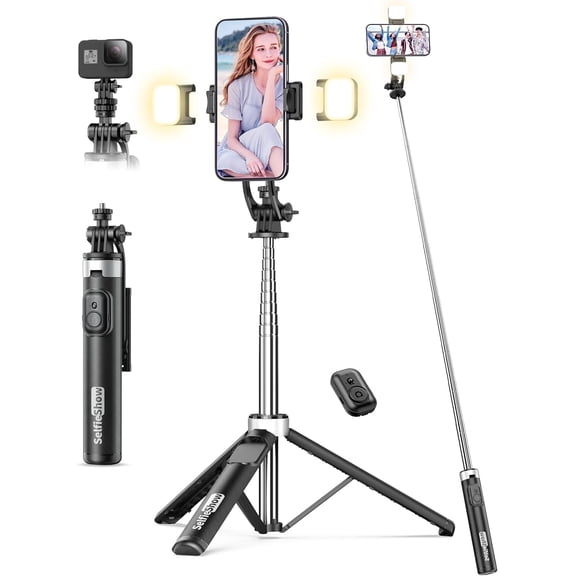 53'' Selfie Stick Tripod with Light, Extendable Selfie Stick with Remote, Portable Cell Phone Tripod Stand with All in 1 Phone Clip, Lightweight Camera Tripod Compatible with iPhone 17 16 15, Android