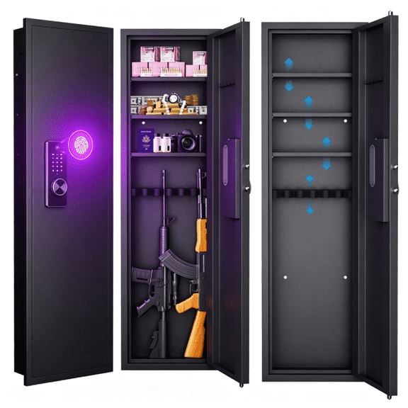 53" Smart Fingerprint Safe for Rifles, Hidden Wall Gun Safe with Biometric Touch Panel Digital Keypad Lock and Adjustable Shelves, In Wall Storage Cabinet for Firearms Documents Jewelry and Valuables