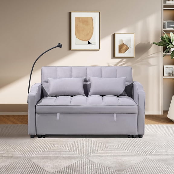 53" Suede Deep Seat Sofa Bed, Pull-Out Couch Bed with Adjustable Back, Versatile Sleeper with USB Charging for Living Room Office, Grey