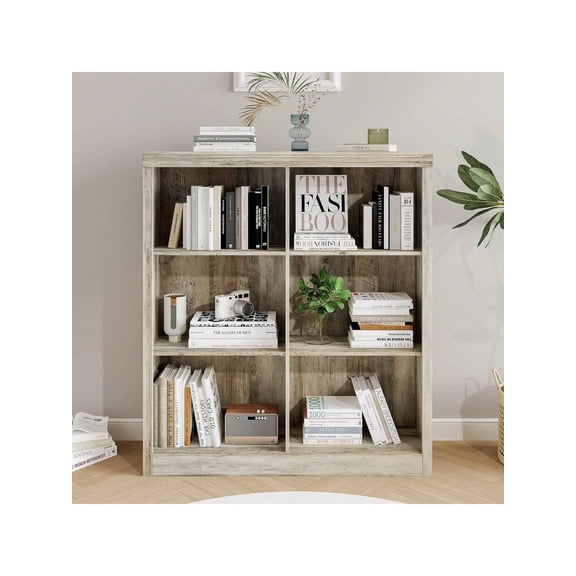 53" Tall 6 Cube Modern Freestanding Bookshelf with Anti-Tip Design, Home Office Storage Organizer Shelf for Living Room Bedroom, Light Ivory Vertical Striped Paper