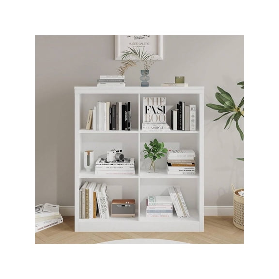 53" Tall 6 Cube Modern Freestanding Bookshelf with Anti-Tip Design, Home Office Storage Organizer Shelf for Living Room Bedroom, White Vertical Striped Paper