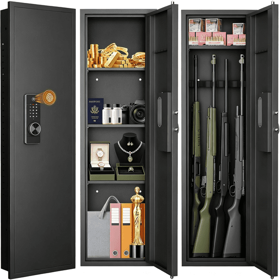 53" Valuables Storage Cabinet with Fingerprint Lock, Hidden In Wall Gun Safe Featuring Biometric Touch Panel Digital Access and Adjustable Shelves, Rifle Storage Cabinet for Home Office Closet