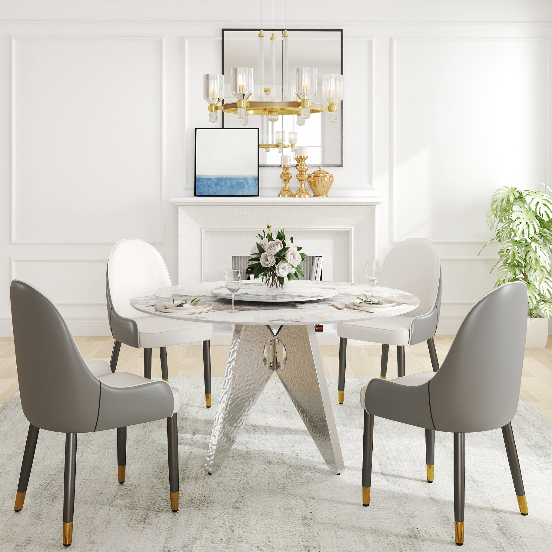 53" White Round Dining Table With Stain- Sintered Stone Top, Stainless ...