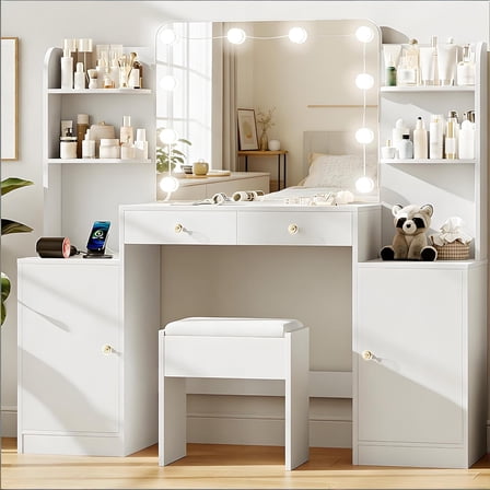 53" White Vanity Set with Mirror and Lights, Akaber Makeup Vanity Desk with Chair and Charging Station for Bedroom