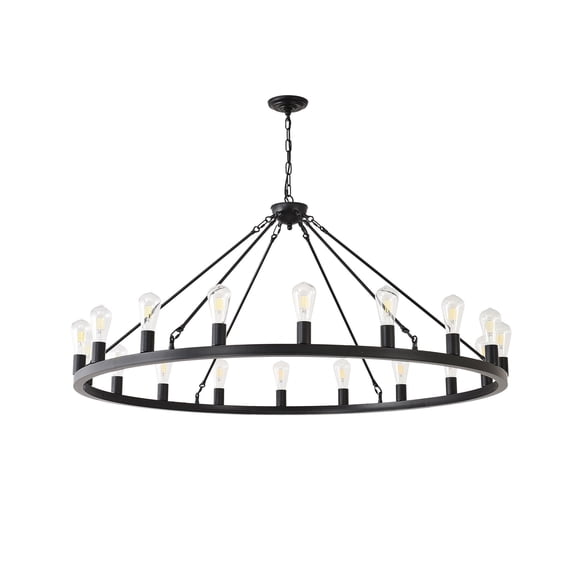 53" Wide Large Matte Black Rustic Industrial Chandelier, 18-Lights Round Farmhouse Wagon Wheel Pendant Light Adjustable Chain, for Dining Room, Living Room Foyer, Kitchen Island (Bulbs not Included)