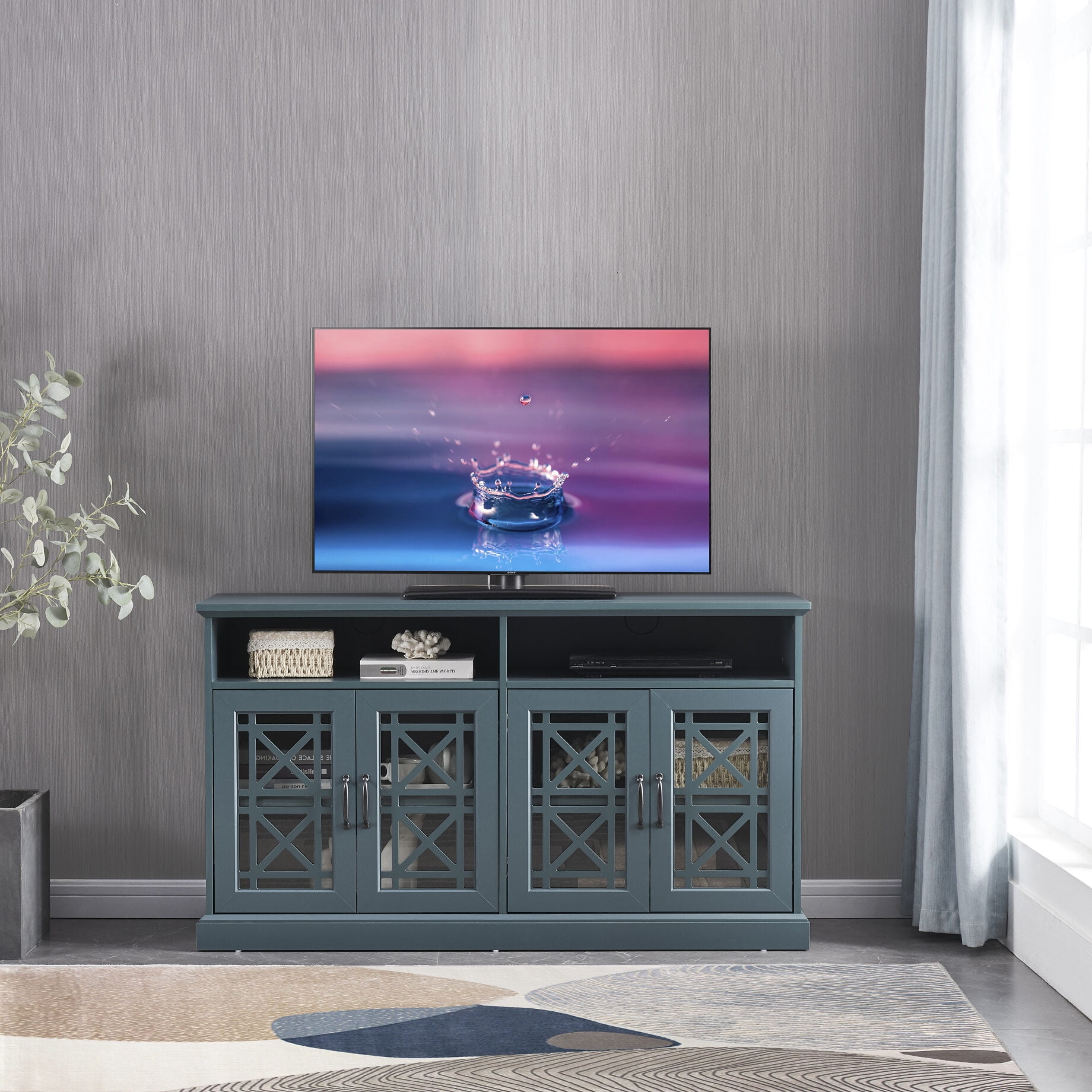 53” Wooden TV Stand Console Table,Storage Cabinet with Glass Door and ...