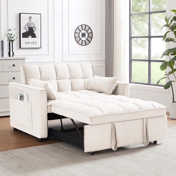 53 inch 3-in-1 Convertible Sofa Bed  Pull Out Sofa, Multi - Functional Loveseat Sleeper with Adjustable Back, Side Pockets & Smooth Wheels, Velvet Upholstered for Living Room, Beige