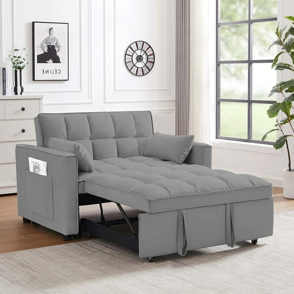 53 inch 3-in-1 Convertible Sofa Bed  Pull Out Sofa, Multi - Functional Loveseat Sleeper with Adjustable Back, Side Pockets & Smooth Wheels, Velvet Upholstered for Living Room, Gray