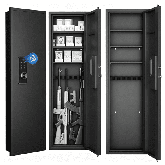 53 inch Home Storage Safe Cabinet, Biometric Fingerprint Wall Safe with Digital Touch Panel Lock Adjustable Shelves, Hidden In Wall Gun Safe for Rifles Firearms Jewelry Documents and Personal Items