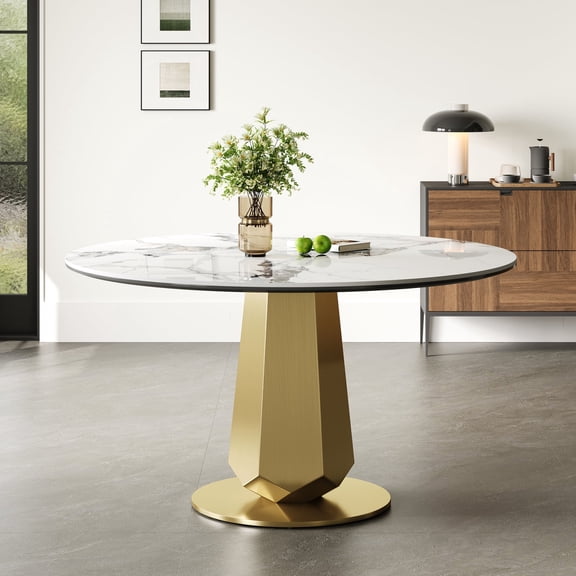 53 inch Luxury Round Dining Table with Sintered Stone Top, Modern Kitchen Table for 4-8 People, Gold Stainless Steel Base & Easy Assembly, Space Saving Breakfast Table for Apartments and Small Spaces