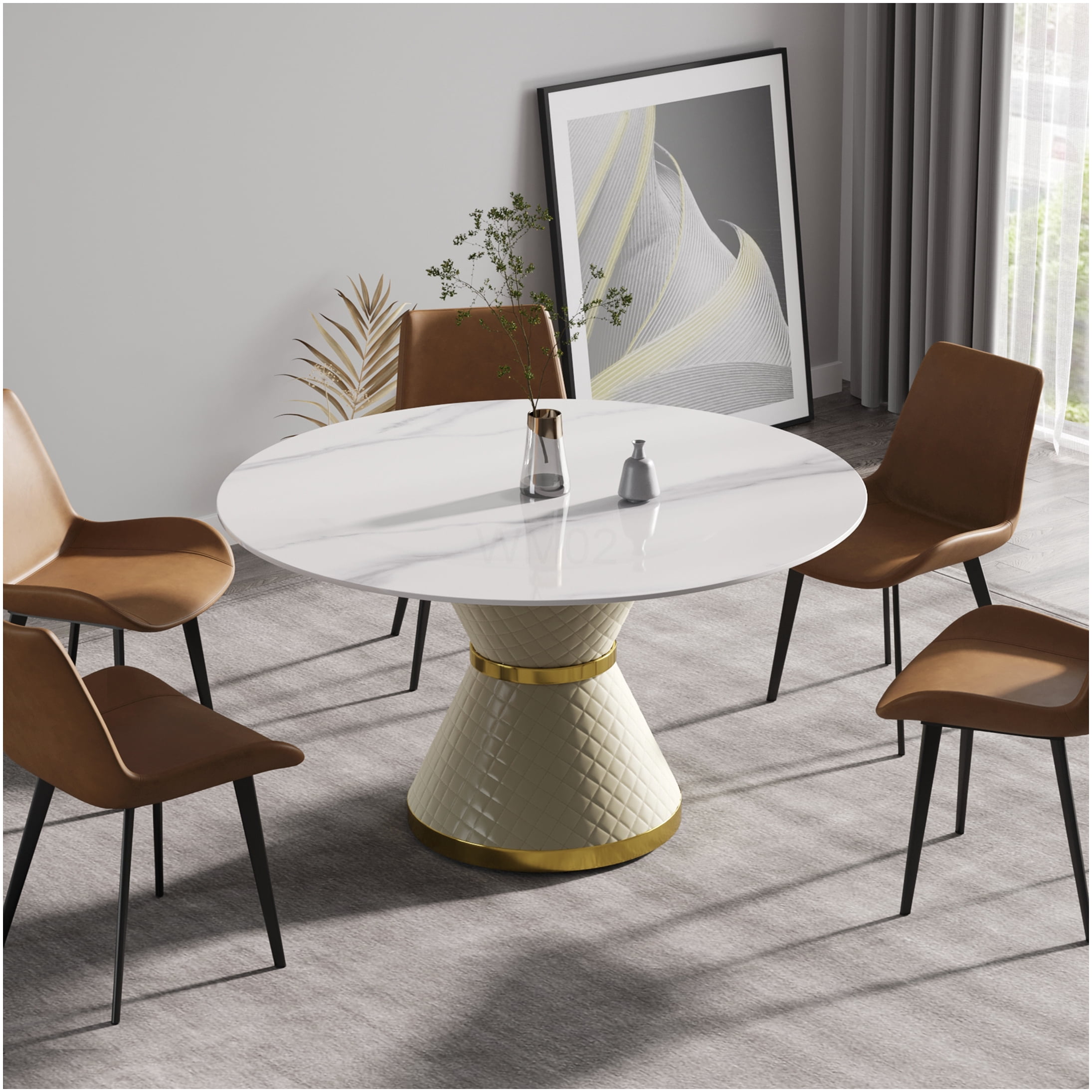 53 inch Modern White Sintered Stone Round Dining Table for 6 with ...