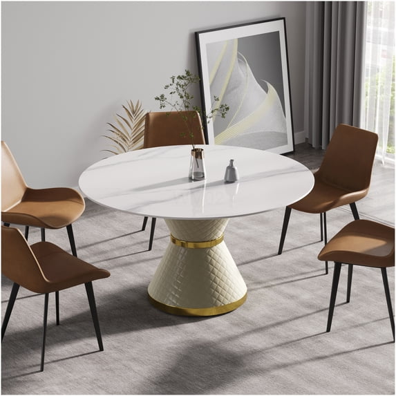 53 inch Modern White Sintered Stone Round Dining Table for 6 with ...