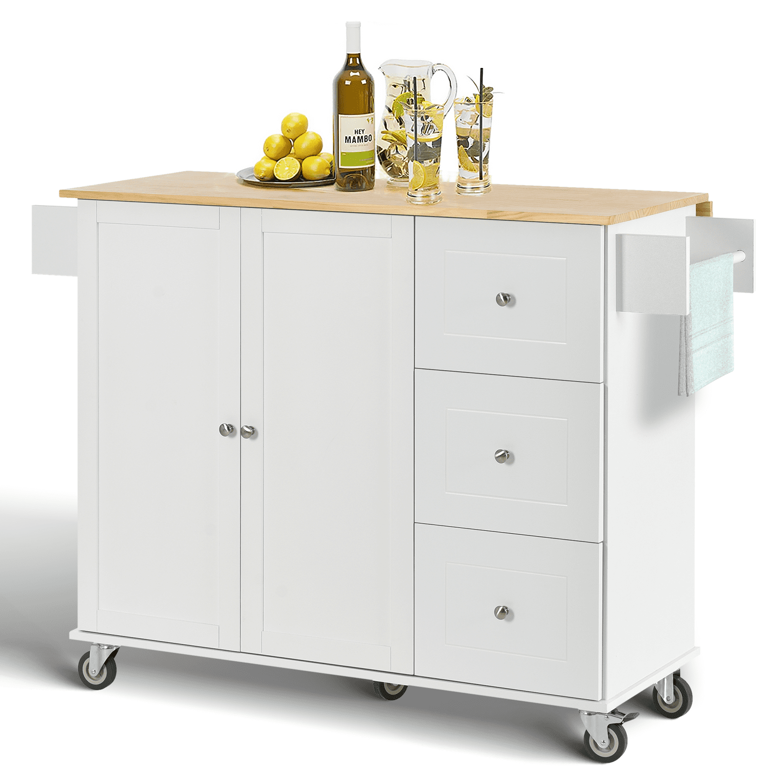 53 inch Portable Kitchen Island with Drop Leaf, Rolling Kitchen Island
