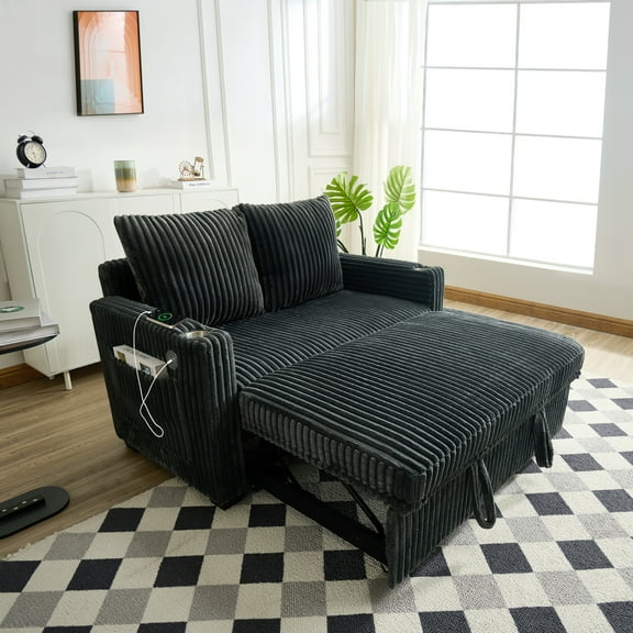 53-inch Recliner Sofa Bed with USB Charger, 5-Position Backrest & Pull-Out Bed, Corduroy Fabric Compact Couch for Small Spaces, Apartments, Office, Dark Gray