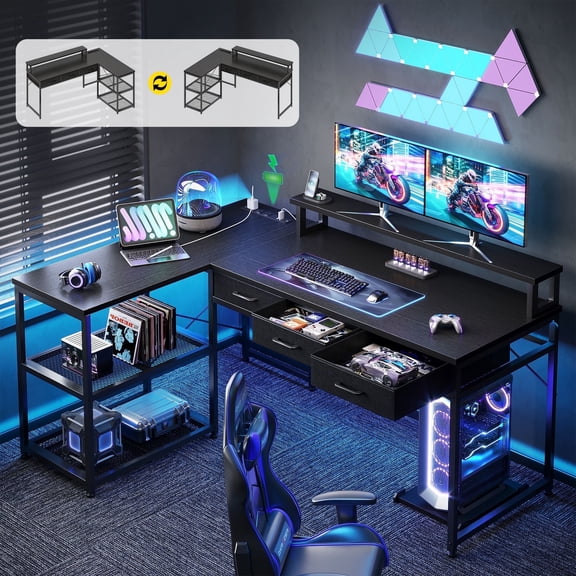 Sofanext 53 inch Reversible L Shaped Desk with 3 Drawers, Computer Gaming Desk with Power Outlets & USB Ports, Monitor Stand for Home Office, Corner Desk with Large Storage Space, Modern Black