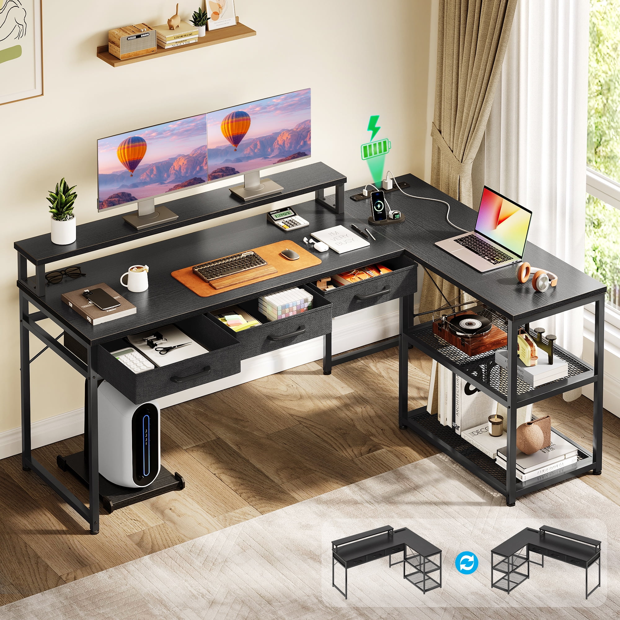 53 inch Reversible L Shaped Desk with Power Outlets USB Ports for Office Computer Gaming Desk with Monitor Stand 3 Drawers Corner Desk with Storage Space for Bedroom Modern Black