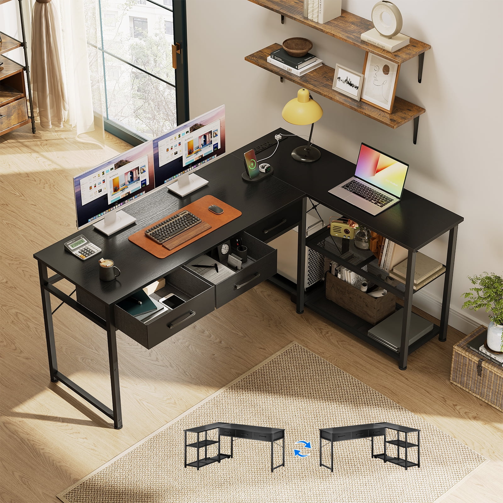 53 inch Reversible Office Desk with Power Outlets & USB Ports, Computer