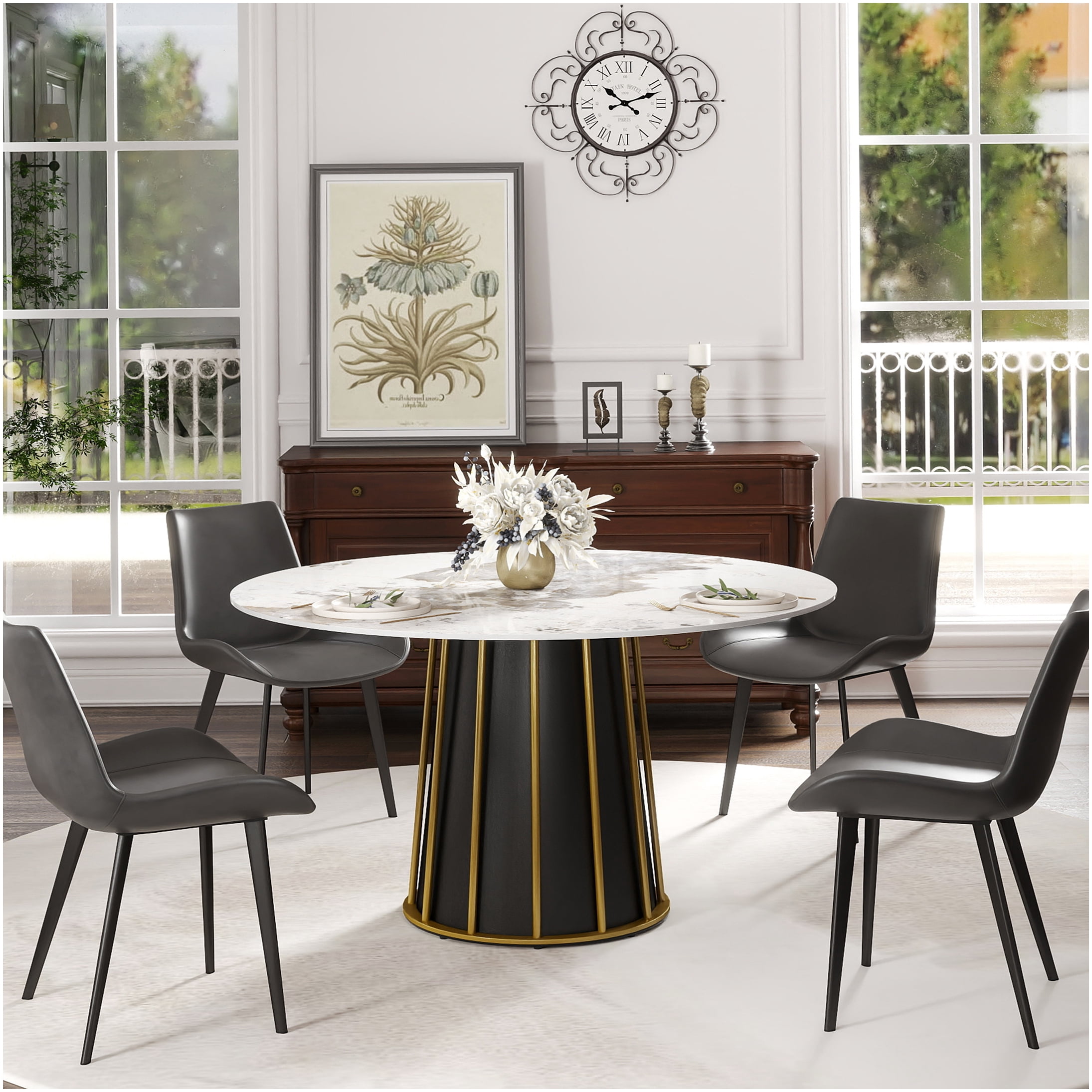 53 inch Round Dining Table for 6, White Sintered Stone Top with Metal ...