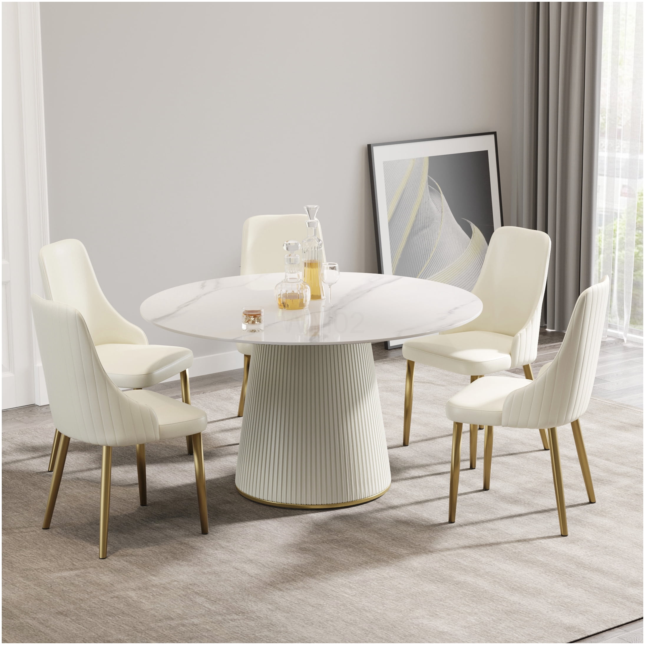53 inch Round Dining Table for 6, White Sintered Stone Top with ...