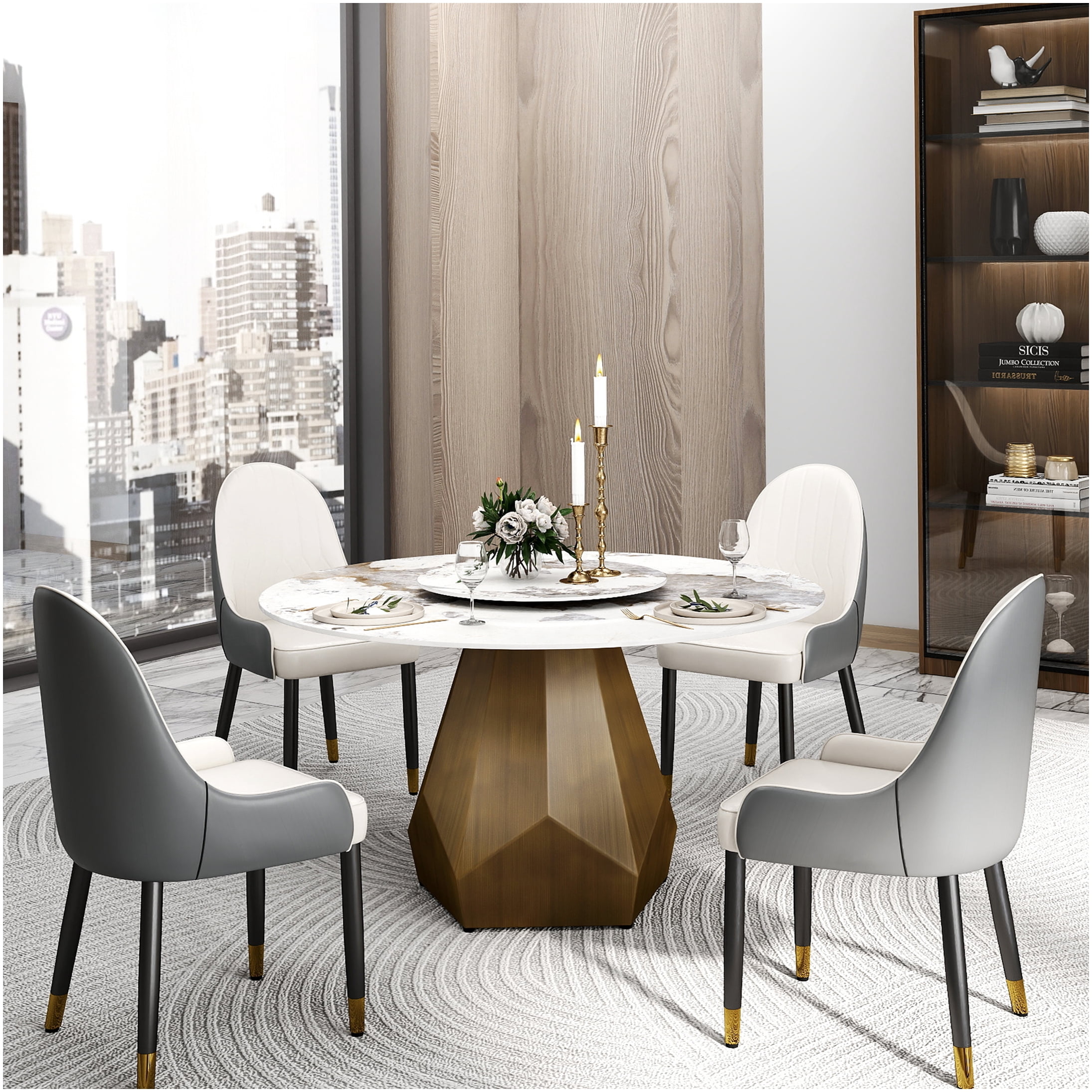 53 inch Round Dining Table for 6 with Rotating Top, White Sintered ...