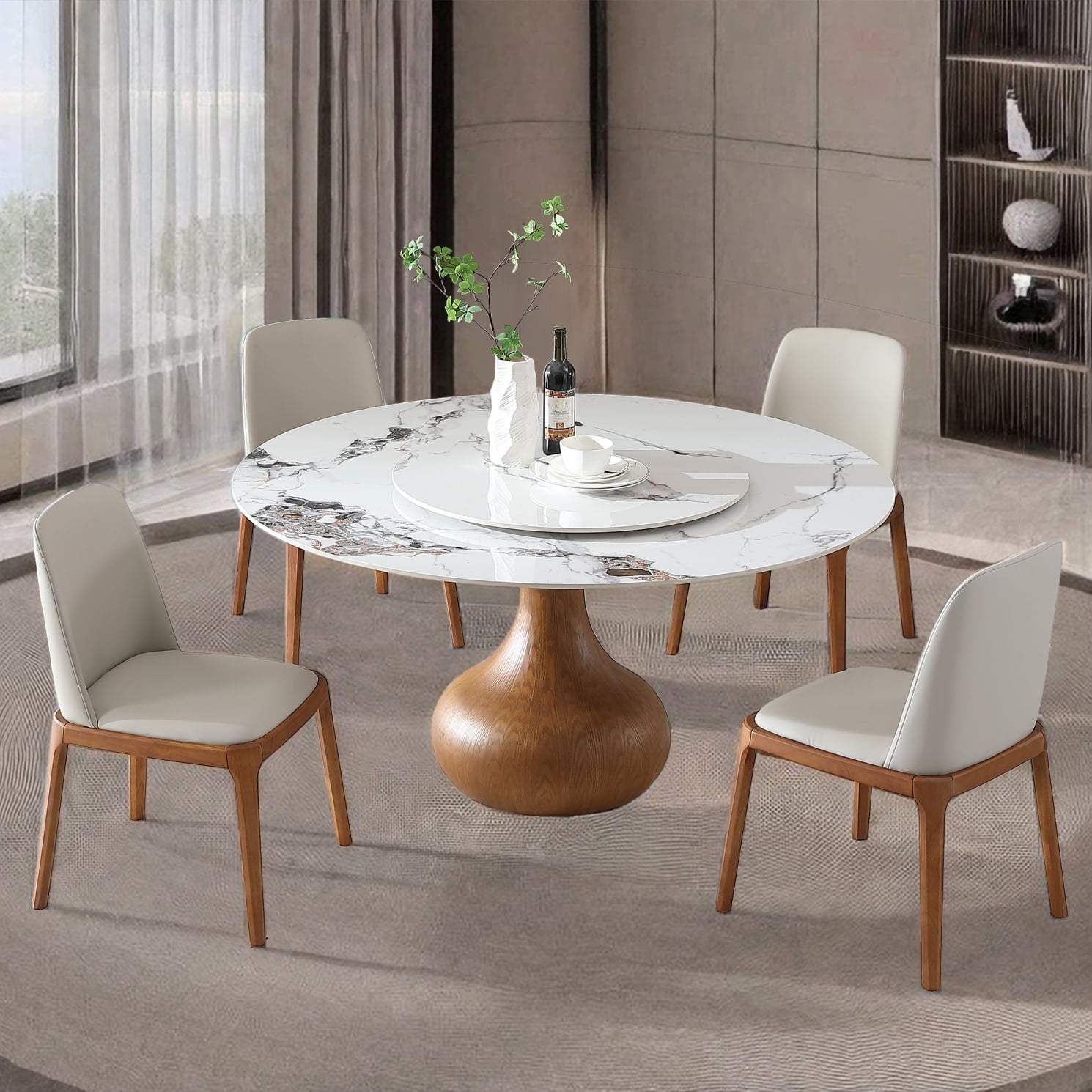53-inch Round Sintered Stone Dining Table with Modern Marble Look and ...