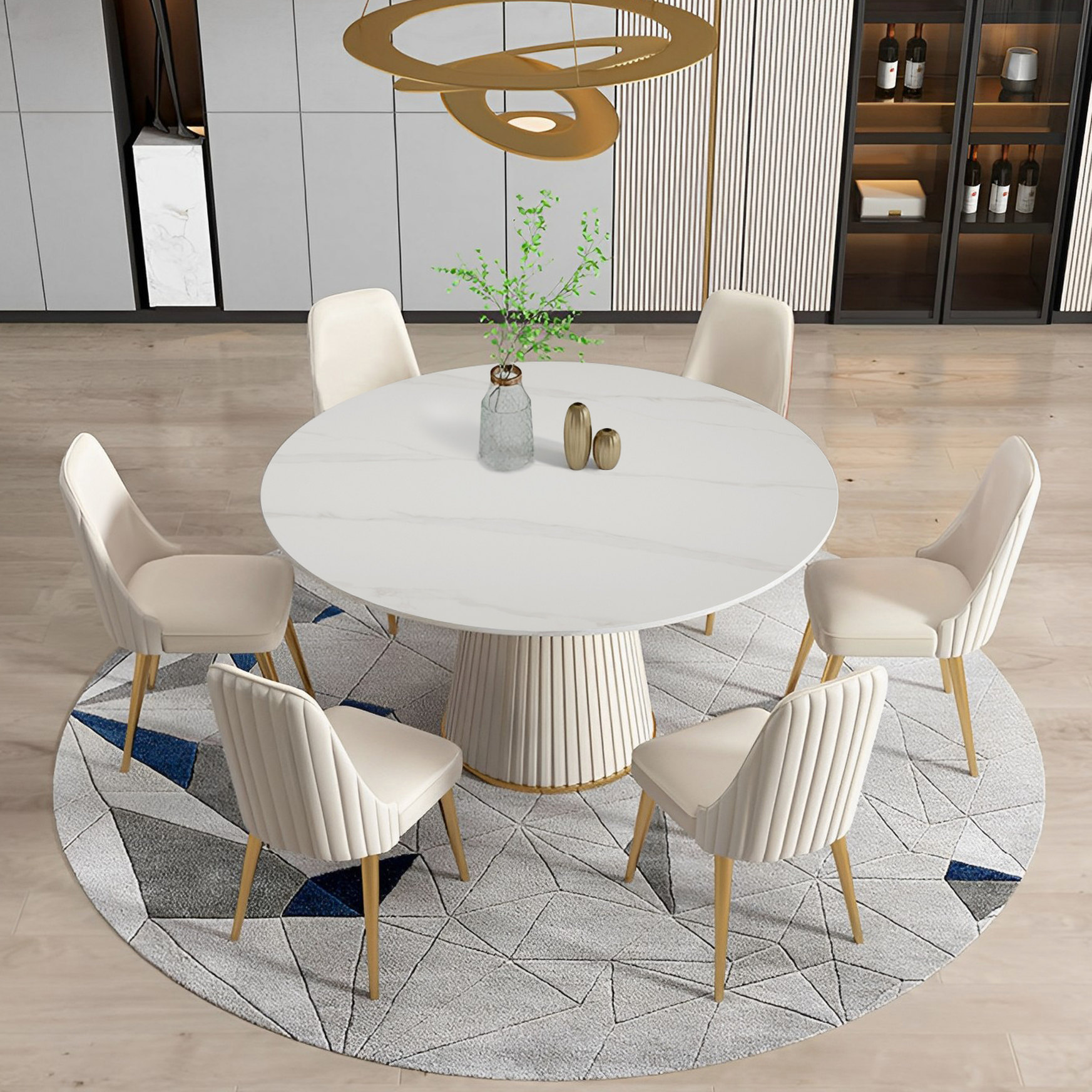 53-inch Sintered Stone Round Dining Table with 6 Solid Wood Chairs ...