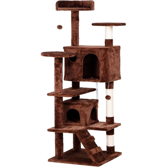 53 inches Cat Tree with Sisal-Covered Scratching Posts and 2 Plush Rooms Cat Furniture for Kittens (Brown)