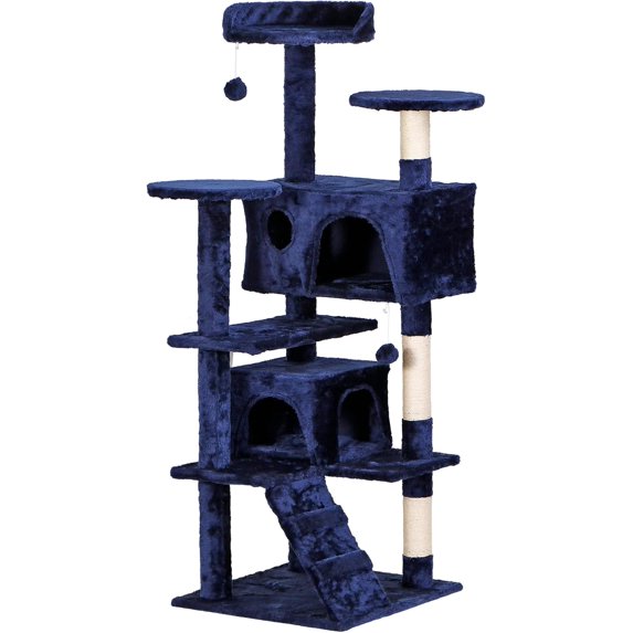 53 inches Cat Tree with Sisal-Covered Scratching Posts and 2 Plush Rooms Cat Furniture for Kittens (Navy Blue)