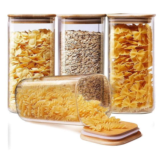 53 oz Square Glass Food Storage Containers with Airtight Bamboo Lids, 4 ...