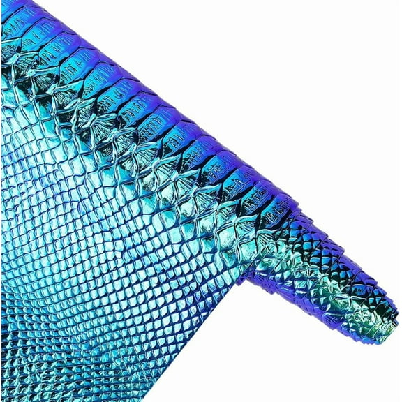 53 x 11.8 Inch Blue Snake Textured PU Leather Sheets Snake Skin Embossed Synthetic Vinyl Fabric Holographic Glossy Mirrored Faux Leather Rolls
