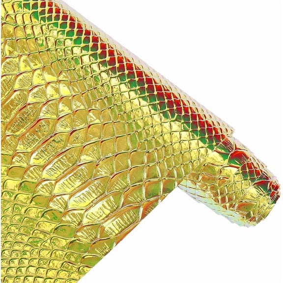 53 x 11.8 Inch Holographic Embossed PU Leather Rolls Snake Skin Vinyl Fabric Yellow Green Snake Textured Glossy Mirrored Leather Sheets for DIY Making
