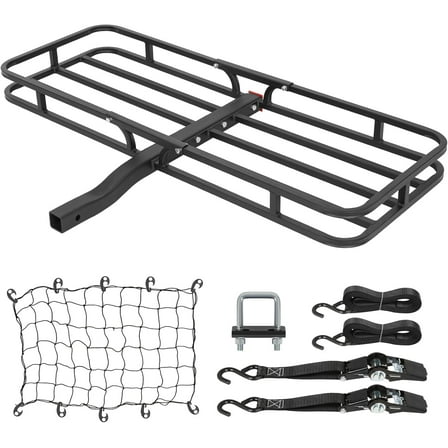 53 x 19 x 4-1/8 Inch Hitch Cargo Carrier, 500 lbs Capacity Steel Hitch Cargo Rack Basket with Cargo Net, Ratchet Strap, Tightener for Car SUV Truck Traveling Camping, 2" Receiver