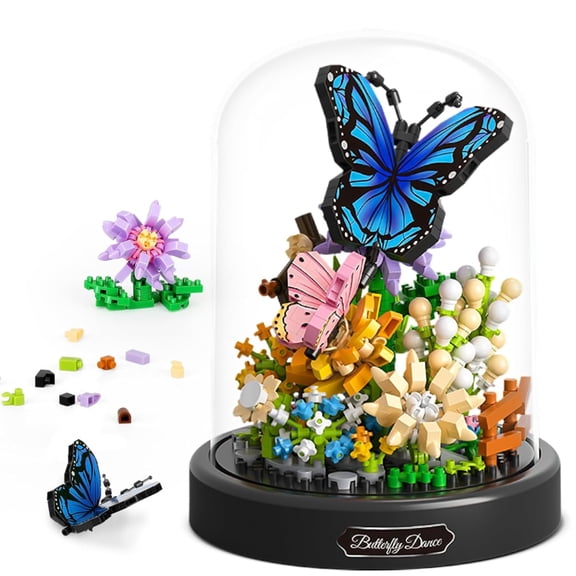 530 PCS Butterfly Flower Building Set, Glass Dome Floral Display Model, DIY Gift for Valentine's Day, Birthday, Anniversary, Home & Office Decor