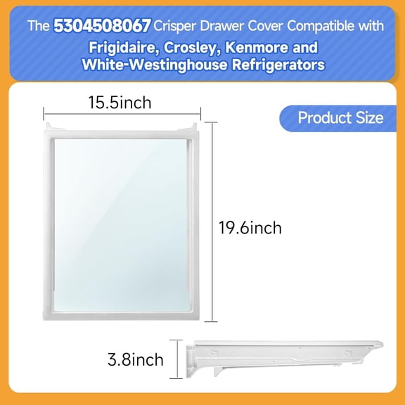 5304508067 Crisper Drawer Cover with Glass Compatible with Crosley Refrigerator, Replacement Part 5304508410 5304519462 4583355 AP6230468 PS12071129 EAP12071129