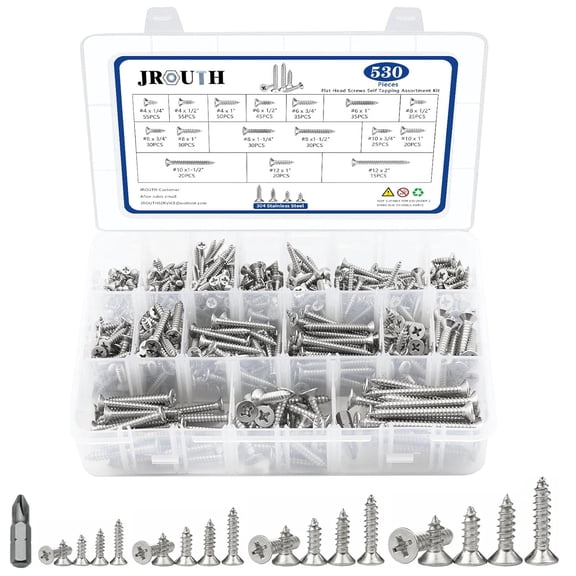 530Pcs Stainless Steel Wood Screws Set #4#6#8#10#12 Phillips Flat Head Sheet Metal Screw Self Tapping Screws Assortment Kit, Length 1/4" to 2"