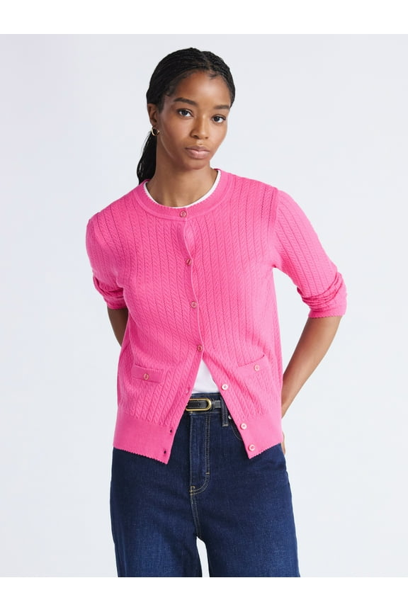 Women's and Women's Plus Cozy Yarn Welt Pocket Cable Cardigan Sweater, Midweight, Sizes XS-4X