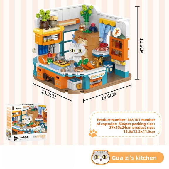 536PCS Cute Cat Kitchen Interior Building Blocks Warm Home Mini Diorama Tabletop Scene Decor, Ages 6+