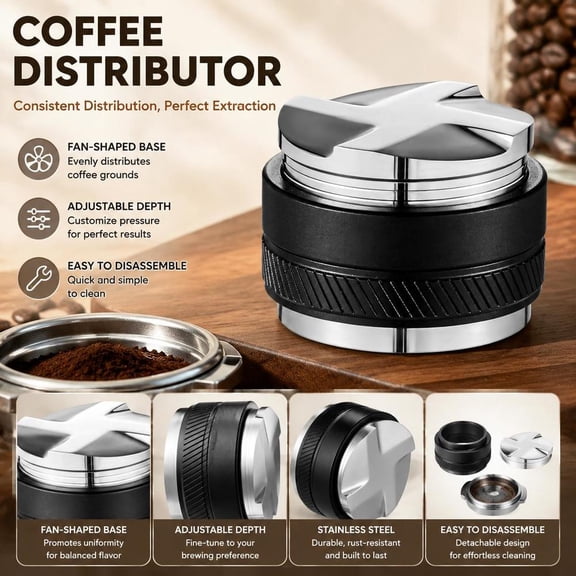53Mm Espresso Distributor and Tamper, 2-in-1 Adjustable Coffee Leveling Tool with 304 Stainless Steel Fan-Shaped Base for 53Mm Portafilter