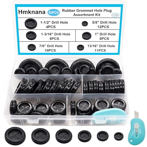 53PCS Rubber Grommets for Wiring, Rubber Grommet Kit in 6 Assorted Drill Hole Sizes 5/8" 13/16" 7/8" 1" 1-3/16" 1-1/2", Two-Sided Rubber Hole Plug for Protecting Wires