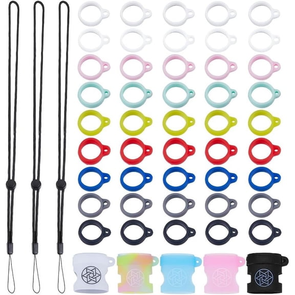 53Pcs Anti-Lost Lanyard Set with 45pcs Silicone Rubber Rings 3Pcs Lanyards Strap Pendant Necklace 5Pcs Fixing Holder Adjustable Soft Protective Pen Case Multipurpose Keychain Stainless Steel Color