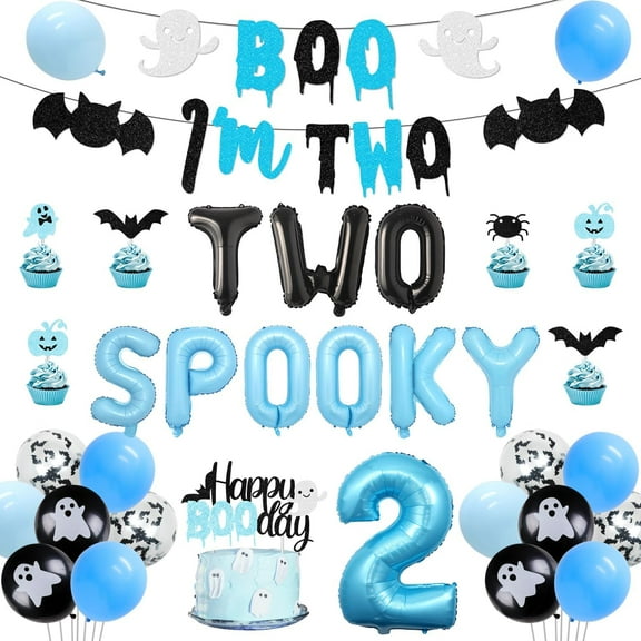 53Pcs Halloween 2nd Birthday Party Decorations Two Spooky Number 2 Foil Balloons Banner Boo Im Two Banner Cake and Cupcake Toppers Ghost Latex Balloons for Boys 2nd Birthday Party Decor Supplies