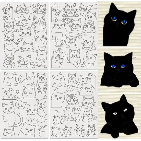 53Pcs Peeking Cat Water Soluble Hand Sewing Stabilizers 8.3"x11.7" Cute Kitten Embroidery Pattern Stabilizer 4 Sheets Animal Stick and Stitch Embroidery Paper Sticker