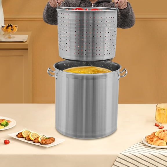 53QT Stainless Steel Stock Pot, Heavy Duty Commercial Grade Cookware with Lid & Drain Bucket, Stackable Large for Boiling Soup Stew Canning Steaming (Home/Restaurant)