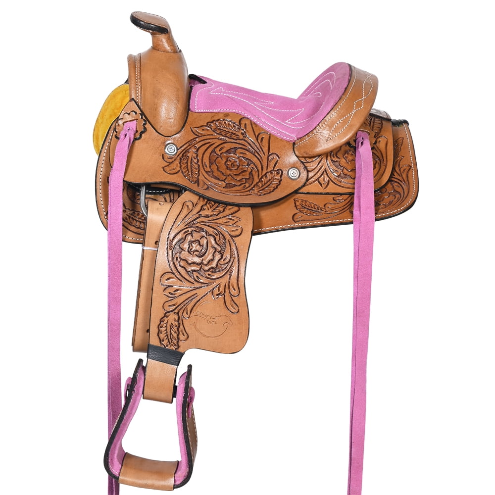  ME Enterprises Youth Child Pony Miniature Premium Leather  Western Barrel Racing Trail Equestrian Horse Saddle Headstall Breast Collar  & Reins Size 10-12/K (10) : Sports & Outdoors