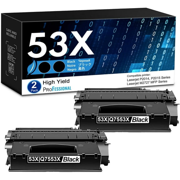 53X High-yield Black Toner Cartridge with Chip (2-Pack) | Replacement for HP53X Black 53A Q7553A Works with Laser P2014, P2014n; Laser P2015, P2015d, P2015dn, P2015x; Laser M2727nf Printer | Q7553X