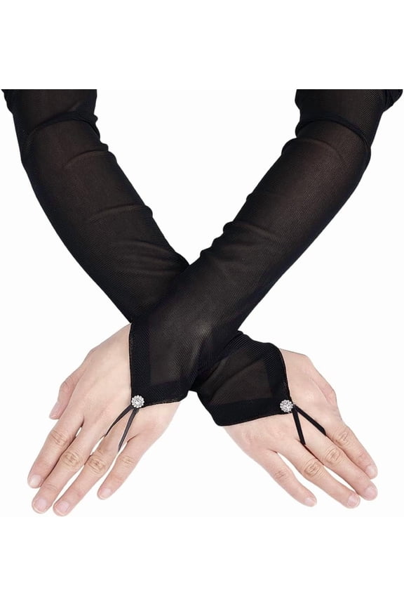 53cm Women Long Fingerless Sheer Gloves Mesh Long Gloves Sexy Sheer Gloves with Glass Rhinestones Black DIY