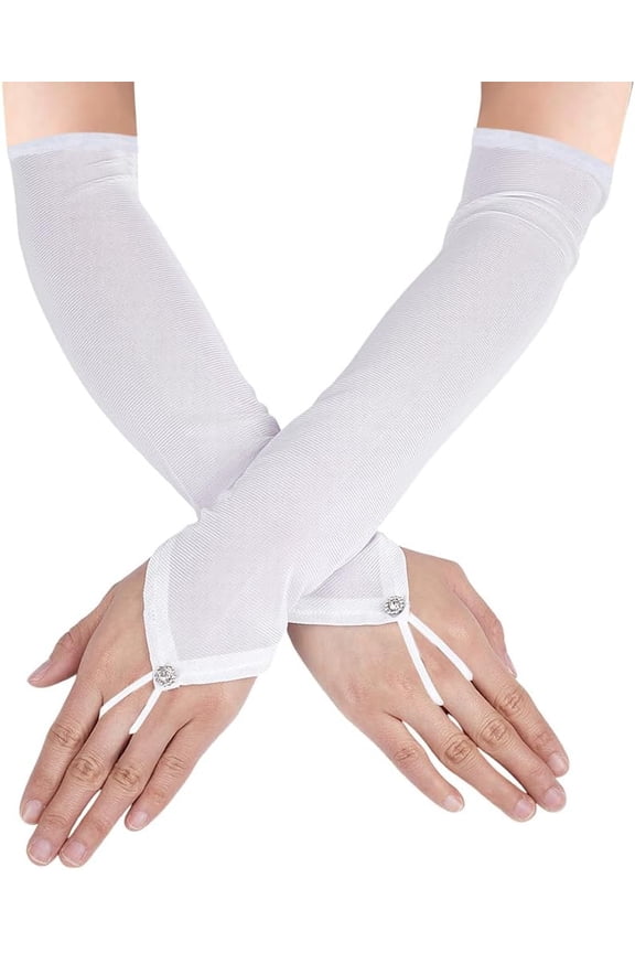 53cm Women Long Fingerless Sheer Gloves Mesh Long Gloves Sexy Sheer Gloves with Glass Rhinestones White